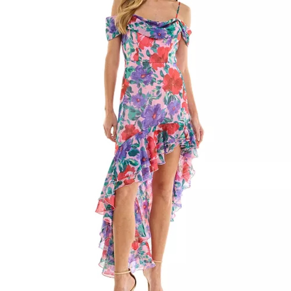 City Studio Floral-Print Cold-Shoulder Ruffle-Trim Dress
